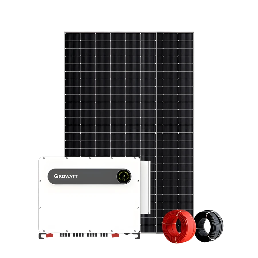 Front view of a complete commercial solar setup featuring a large grid of black solar panels in the background, a white wall-mounted Growatt inverter in the left foreground, and one red and one black coil of industrial solar PV cables on the bottom right, isolated on a white background.