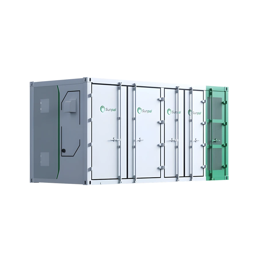 Three-quarter perspective view of a large white 40-foot containerized battery energy storage system featuring the green Sunpal logo on the corrugated side panel, three vertical maintenance access doors, and structural corner castings, isolated on a white background.