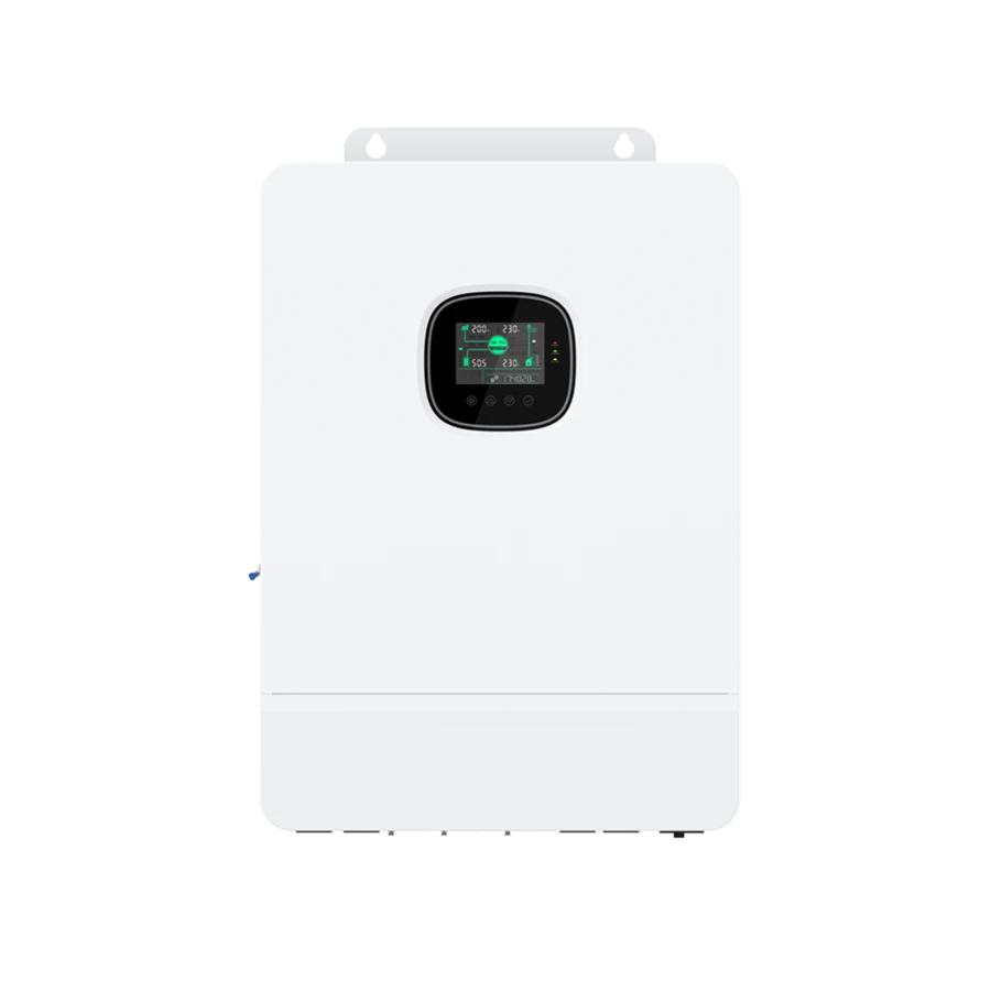 White wall-mounted solar storage inverter with a front display.