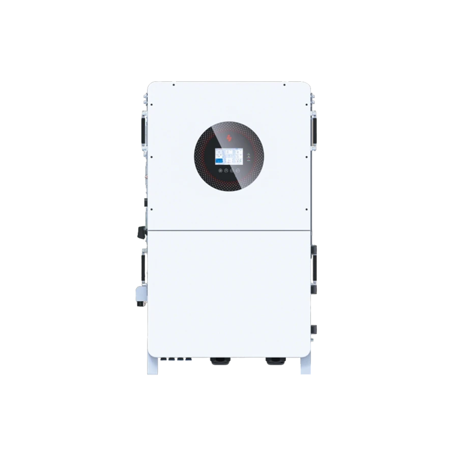 Front view of a white Sunpal three-phase hybrid solar inverter with black side handles and a large, central circular black panel enclosing a square digital display screen, isolated on a white background.