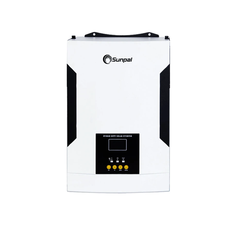 Front view of a white Sunpal 5kW to 10kW split-phase hybrid solar inverter with black side accents and a lower black control panel featuring a digital display and four yellow buttons, isolated on a white background.