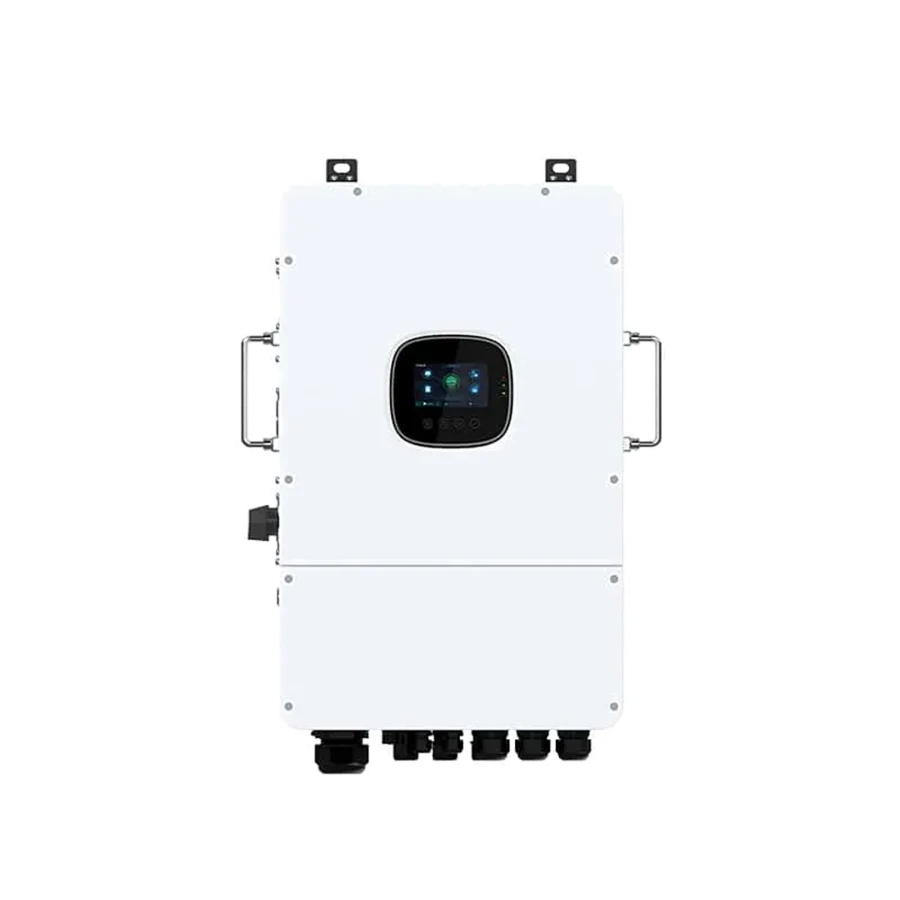 Front view of a white Sunpal 8kW to 12kW split-phase hybrid inverter, featuring metal side handles and a central rounded digital touchscreen display, isolated on a white background.