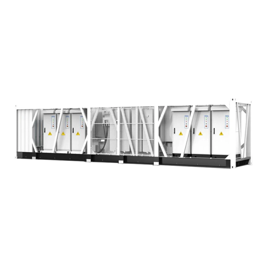 Three-quarter perspective view of an industrial, elongated white containerized utility-scale 8.8MW central PV inverter system featuring structural crossbeams, enclosed switchgear cabinets with yellow electrical hazard symbols, and protective center mesh gates, isolated on a white background.
