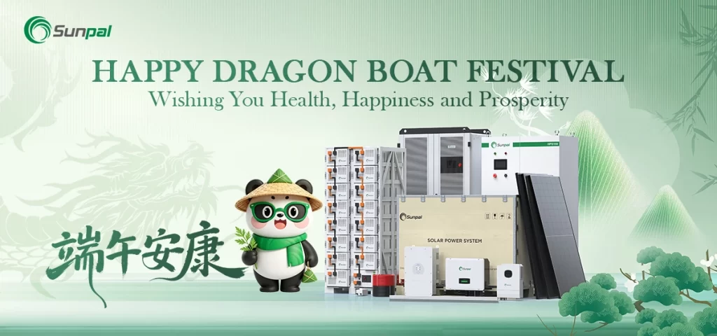 Dragon Boat Festival greeting with Sunpal solar products and a mascot.