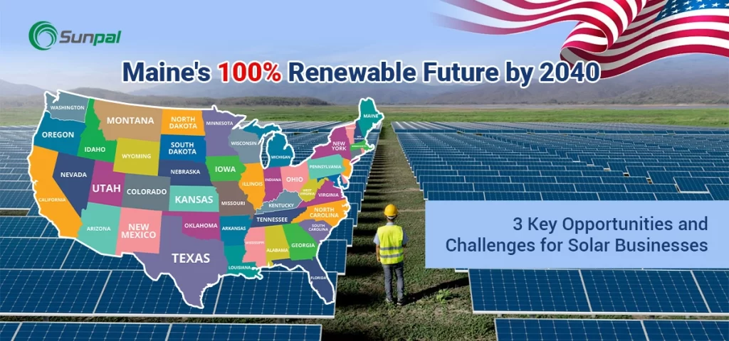 A solar field with a Maine-focused renewable energy banner.