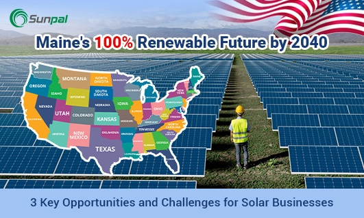 Solar panels with a U.S. map and Maine highlighted.