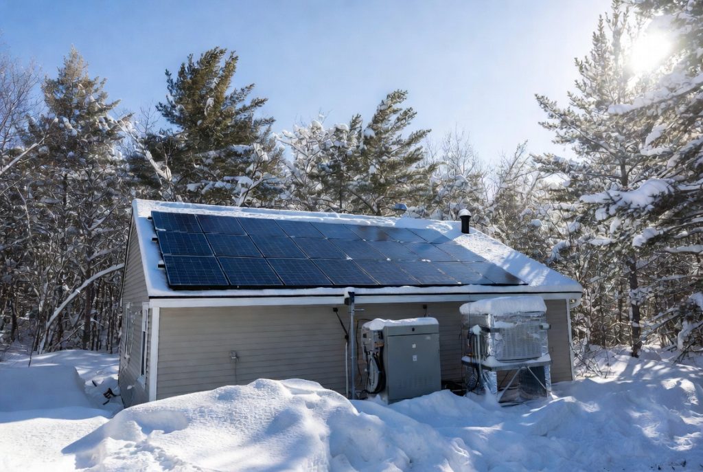 Snow-covered rooftop solar panels with elevated snow-shedding racking and a weatherproof battery storage enclosure installed on a house in a snowy Maine winter landscape.