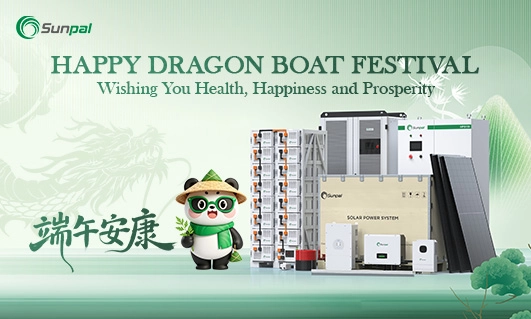 Green Dragon Boat Festival banner with Sunpal energy equipment.