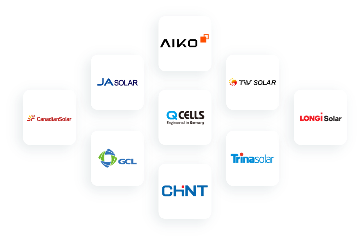 Sunpal's global strategic partners are showcased, including Tier 1 photovoltaic brands such as Longi, Jinko, Trina Solar, and JA Solar and more.