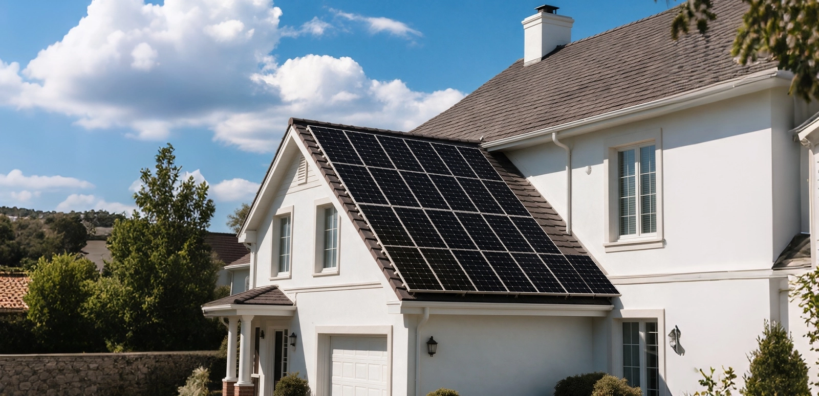 Residential house with a rooftop solar panel system under a blue sky.