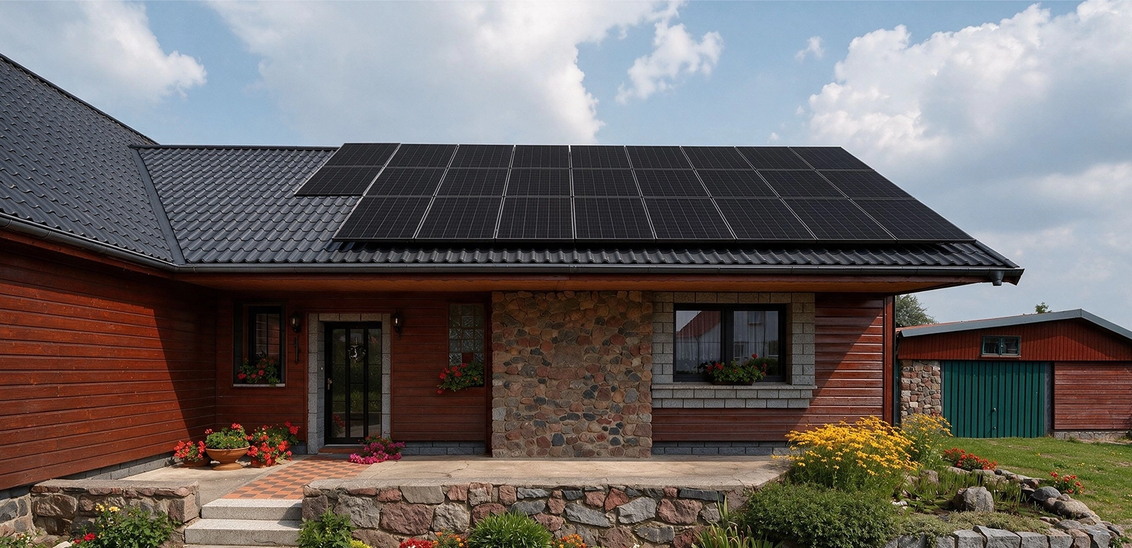 Rooftop solar panels on a resort building.