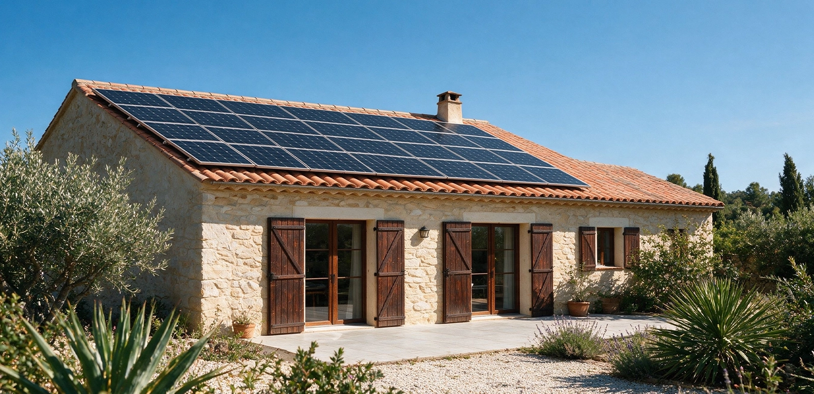 Stone home with rooftop solar panels under a clear blue sky.