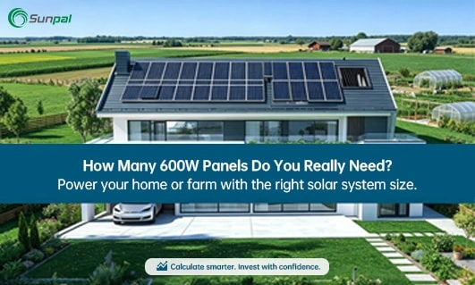 Solar-powered home surrounded by farmland and greenhouses.