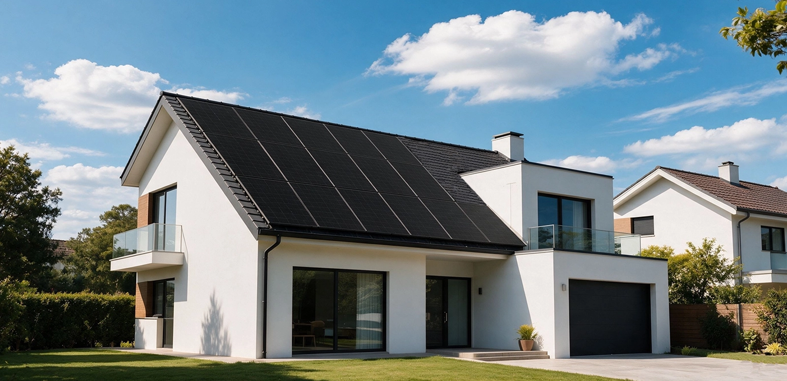 Solar panels installed on a residential roof under a blue sky.