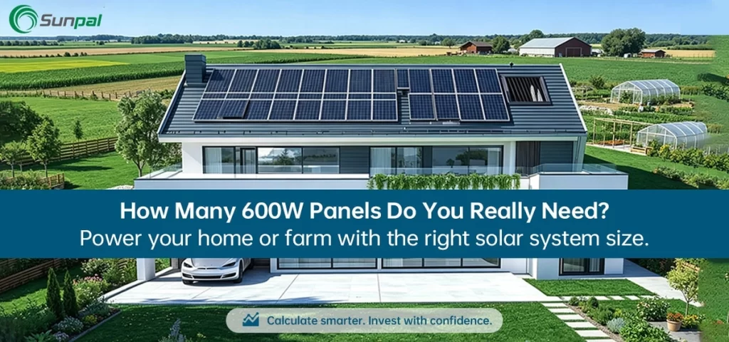 Solar-paneled house with Tesla garage, farmland and red barn in background.
