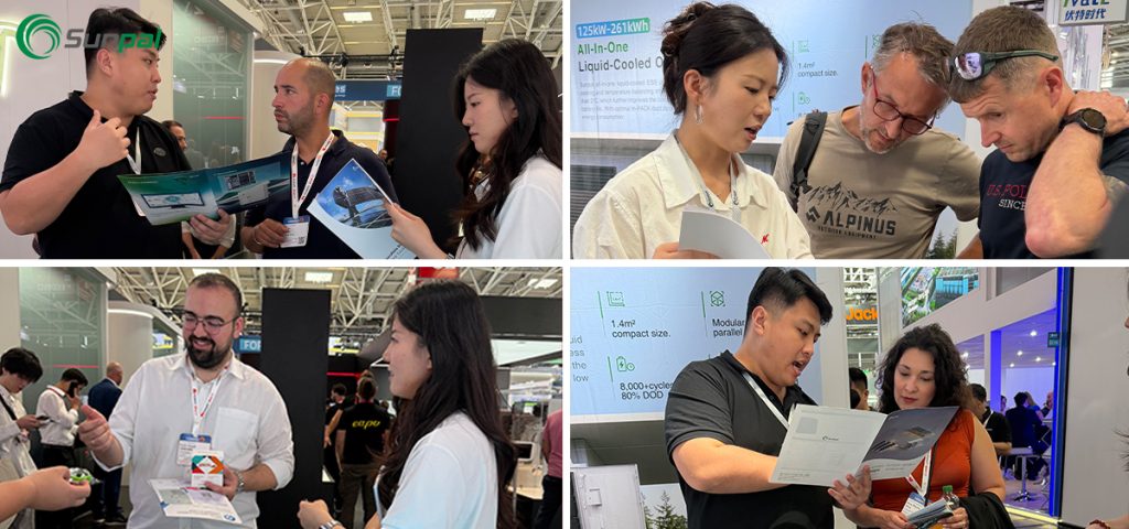Four trade show scenes showing Sunpal staff speaking with visitors and presenting brochures.