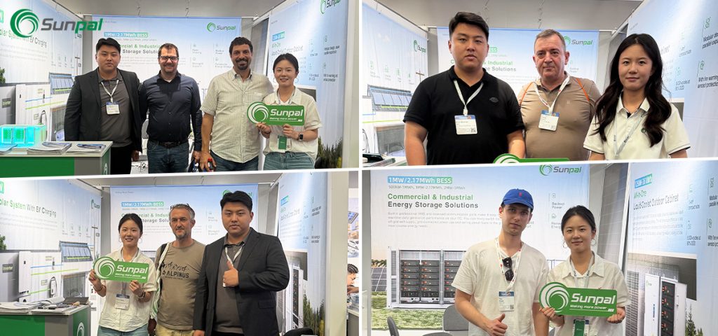 Collage of Sunpal staff and visitors posing at a trade show booth.