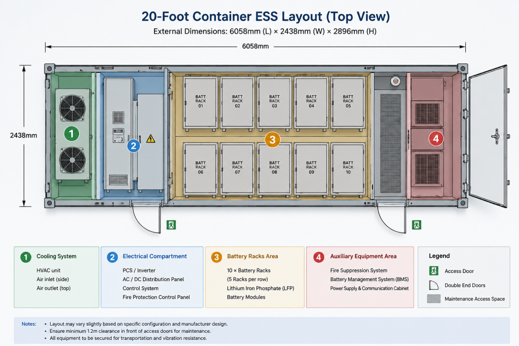 Top-view diagram of a 20-foot BESS container showing cooling, electrical, battery rack, and auxiliary equipment areas.