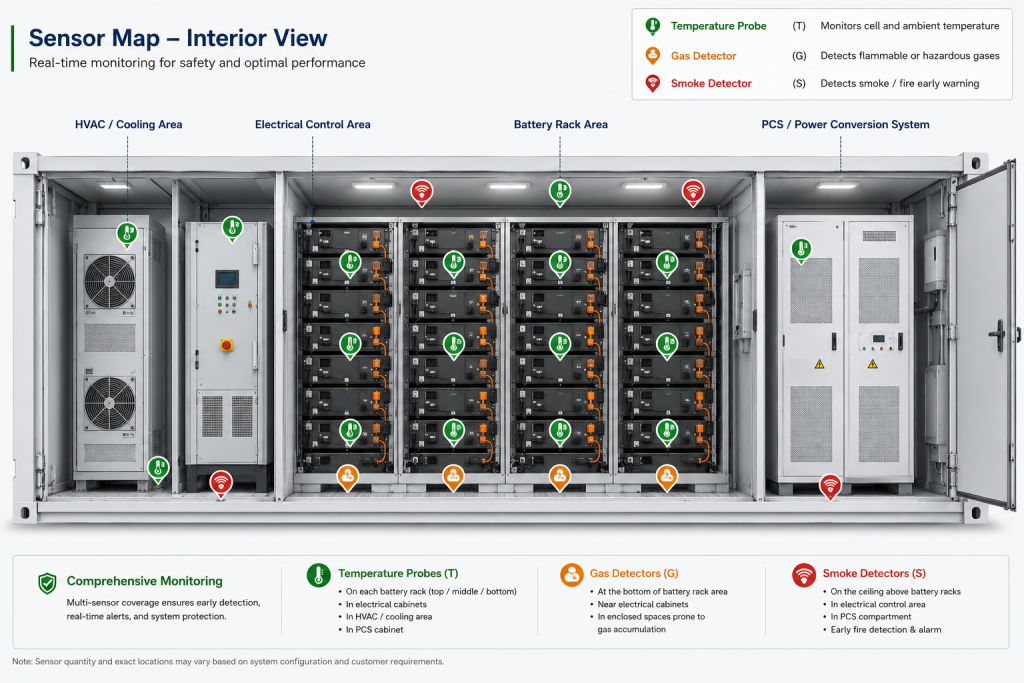 Interior diagram showing temperature, gas, and smoke sensors across BESS cooling, electrical, battery rack, and PCS areas.