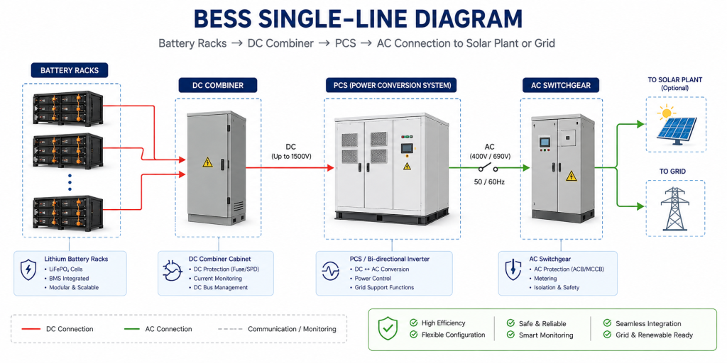 Diagram showing battery racks connected through a DC combiner, PCS, and AC switchgear to a solar plant or grid.