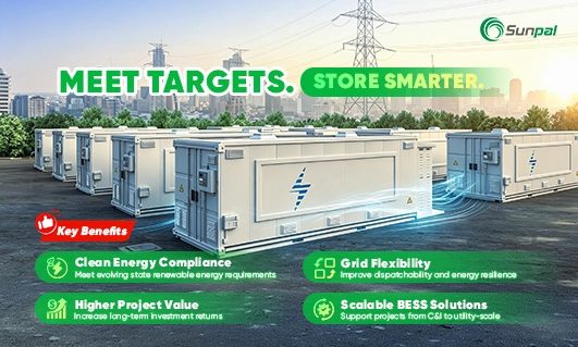 Battery storage containers displayed with graphics highlighting clean energy compliance and grid flexibility.