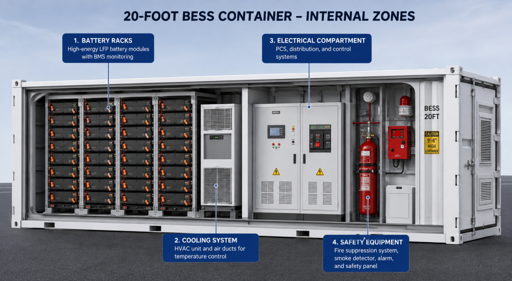 Cutaway diagram showing battery racks, cooling, electrical, and safety systems inside a BESS container.