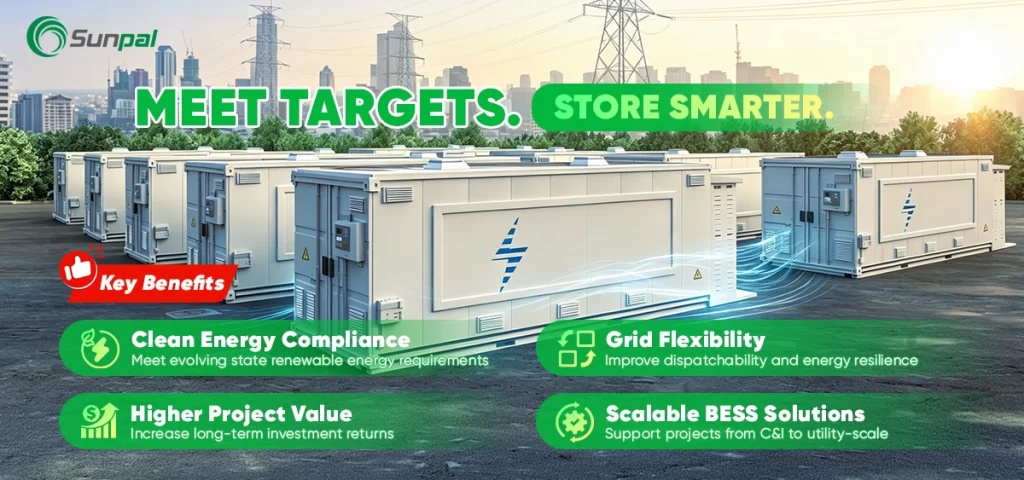 Industrial battery storage systems shown beneath a city skyline with key project benefits.