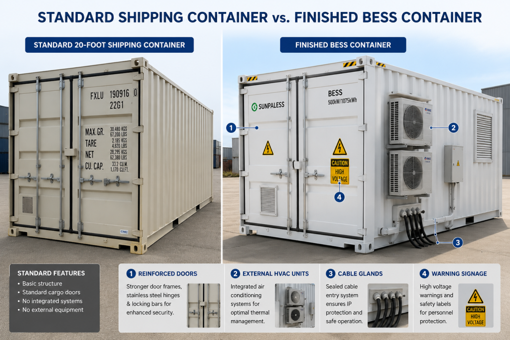 Comparison graphic showing a standard 20-foot shipping container and a finished BESS container with HVAC units, cable glands, reinforced doors, and warning signs.